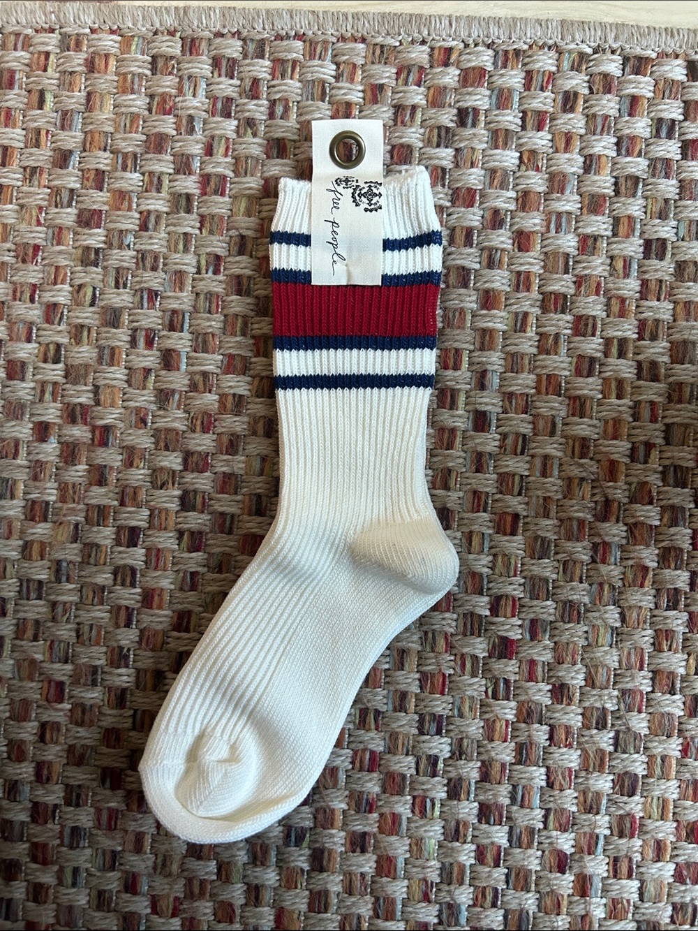 Free People White Crew Socks with Red and Navy Stripe Accents